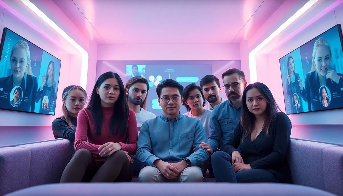 Engaging scene of diverse users enjoying ai sexchat with lifelike avatars in a modern digital interface.