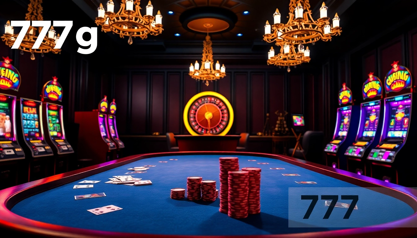 Exciting gaming scene showcasing 777g Login with poker chips and cards at an elegant casino.