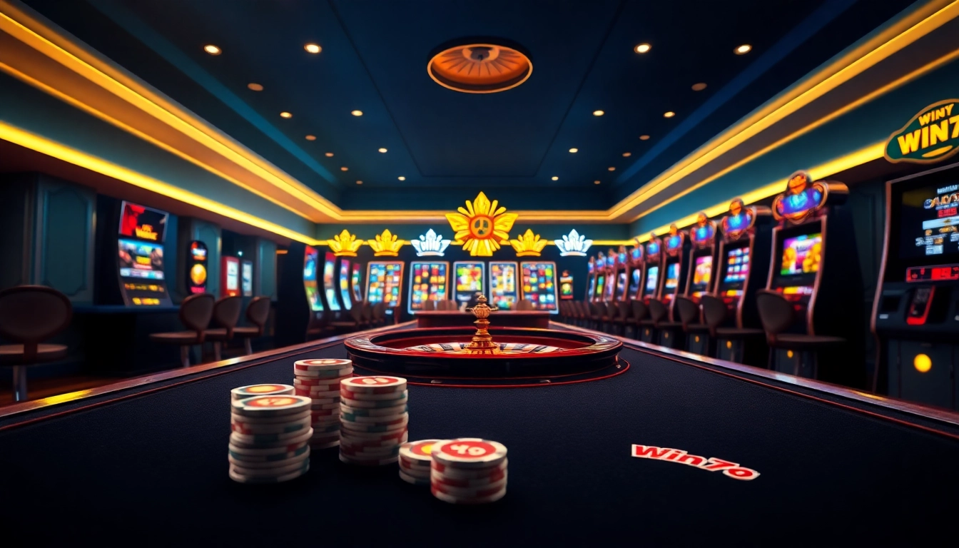 Experience the excitement of Win79 with vibrant slot machines and a thrilling roulette wheel in action.