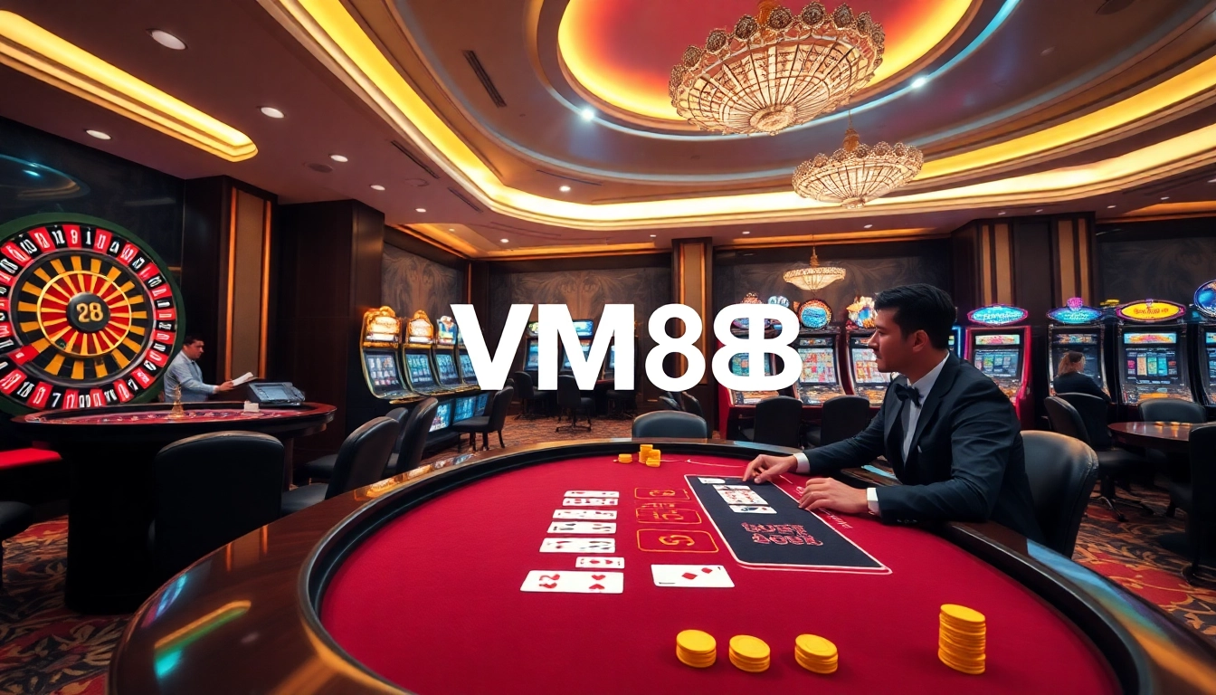Experience thrilling gaming at VM88 casino with elegant poker and roulette tables.