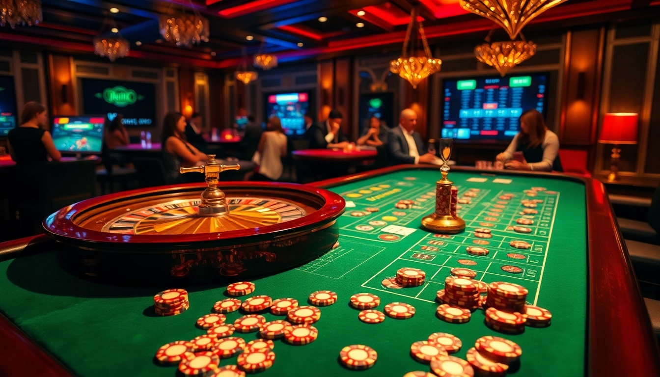 Engaging gamblers at a luxurious casino table showcasing vn88 gaming excitement.