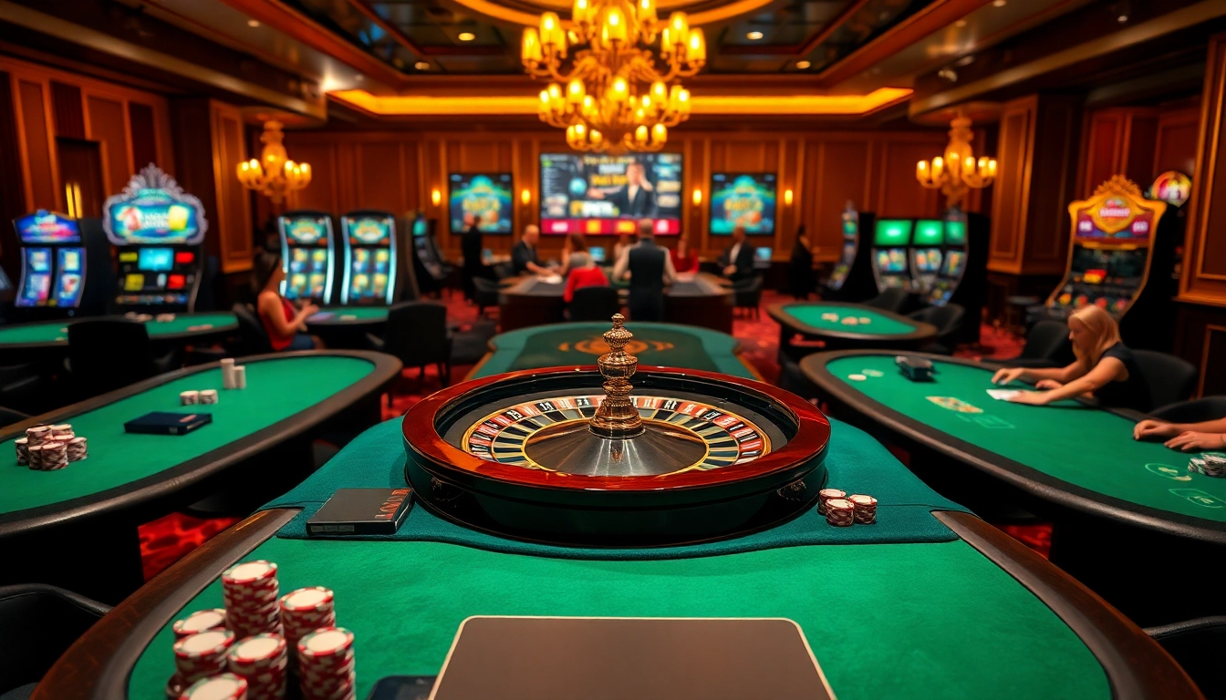 KJC.Marketing presents an upscale casino environment with poker games and a roulette wheel full of excitement.