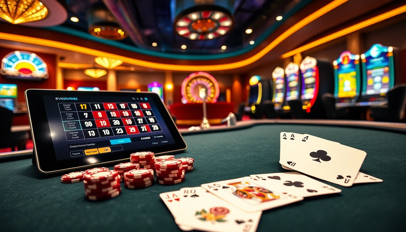 Experience the thrill of EV88 with a luxurious casino scene featuring vibrant slot machines and poker action.