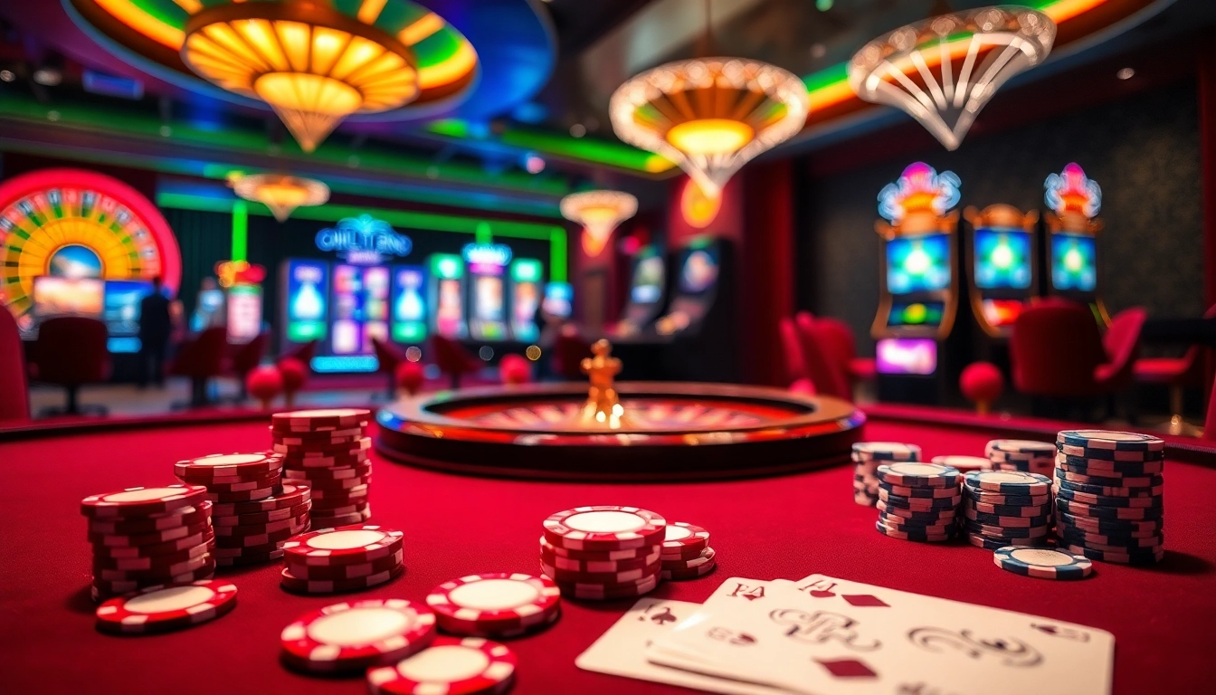 A vibrant casino scene highlighting lucky88com.me with poker chips and gaming tables.
