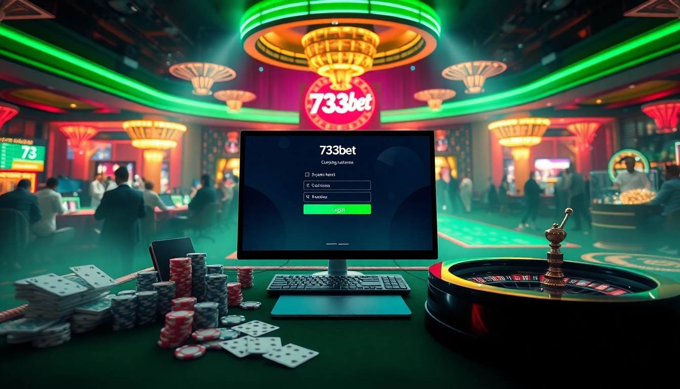 Players accessing 733bet Login on a sleek computer amidst vibrant casino elements like poker chips and roulette.