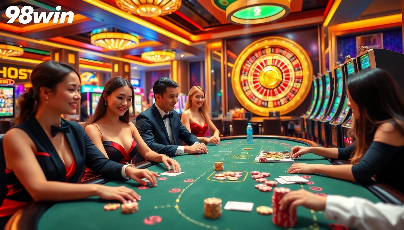 Experience the excitement of 98win at a luxurious casino table with players engaged in winning games.