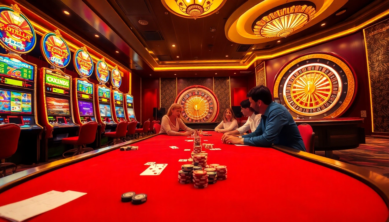 Experience excitement at https://789winjj.com/ with players enjoying poker and vibrant slot machines in a luxurious casino.