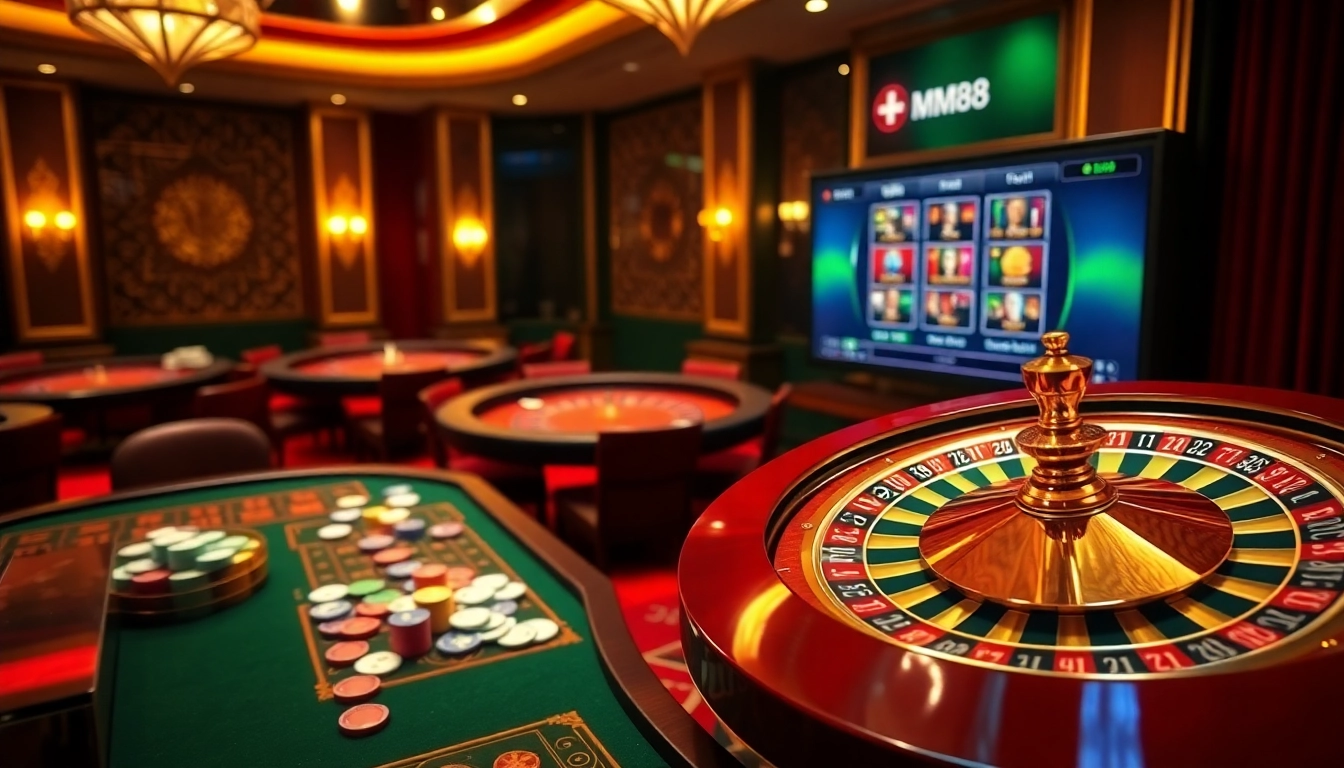 Experience the excitement of online gambling at https://mm88.bar/ with vibrant casino tables and spinning roulette.