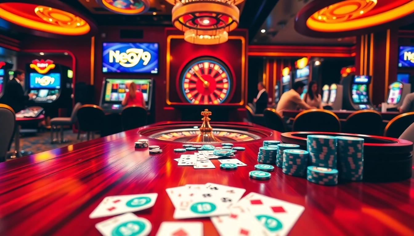 Players enjoying an exciting gaming experience at Neo79 casino, showcasing vibrant poker chips and a roulette wheel.