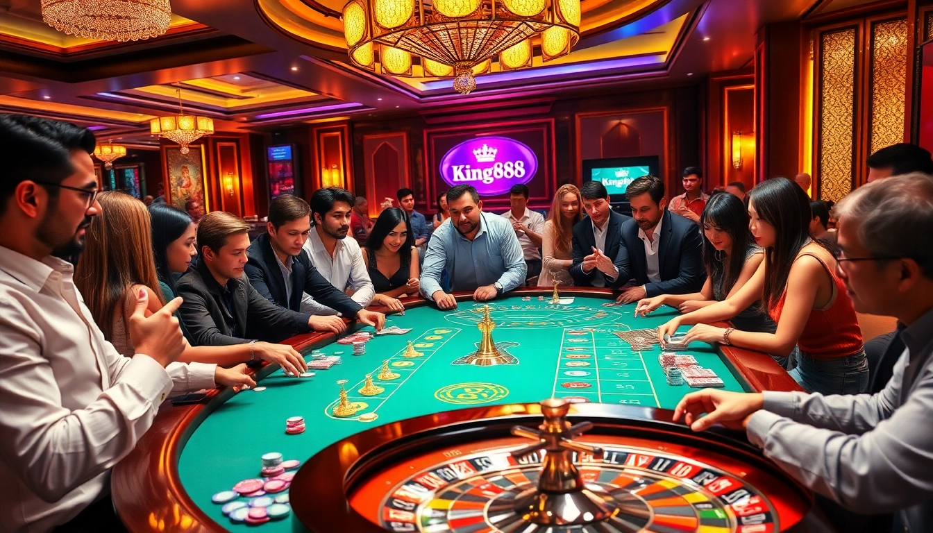 Gamblers enjoying various casino games at https://king88b.us.com/, surrounded by vibrant chips and cards.