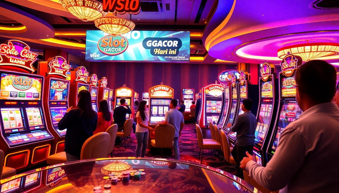 Slot Gacor Hari ini players excitedly engage with vibrant slot machines in a lively casino atmosphere.