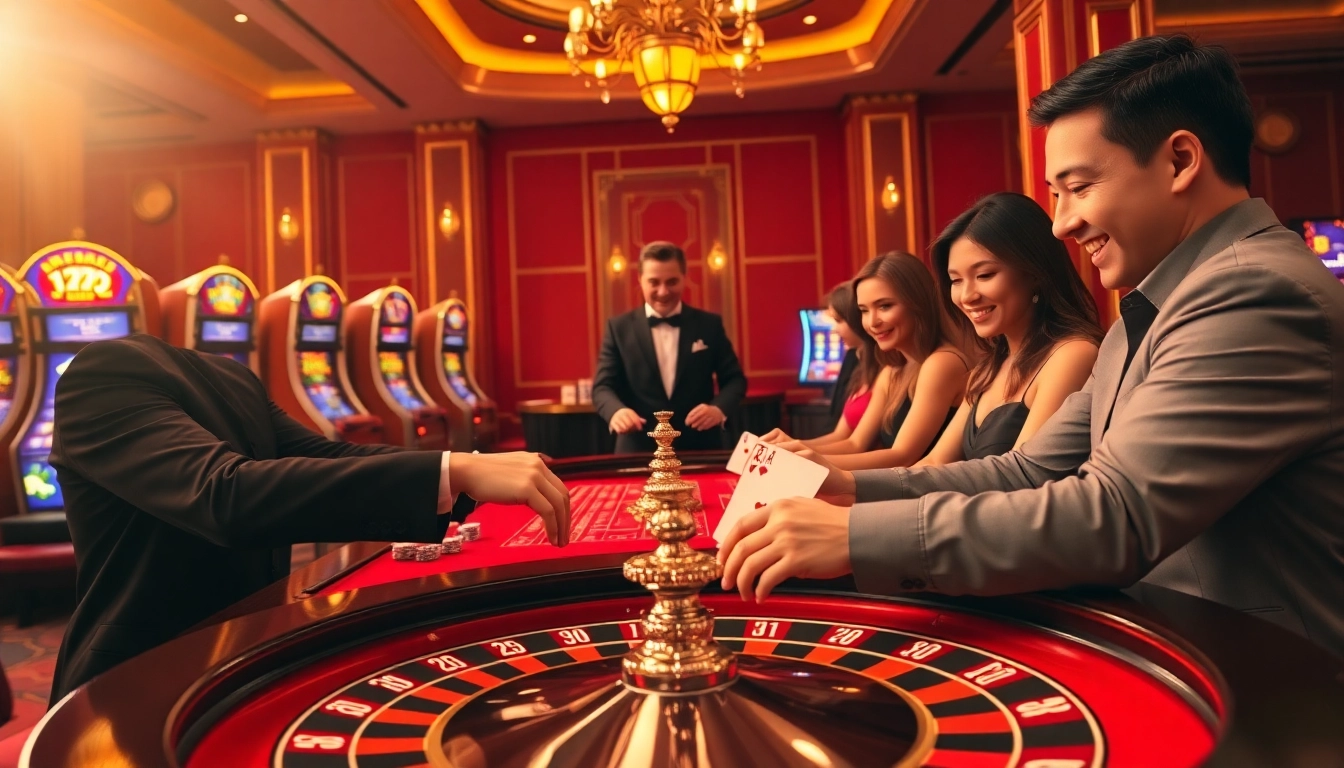 Engaging players at DR88 casino, experiencing vibrant slot machines and roulette excitement.
