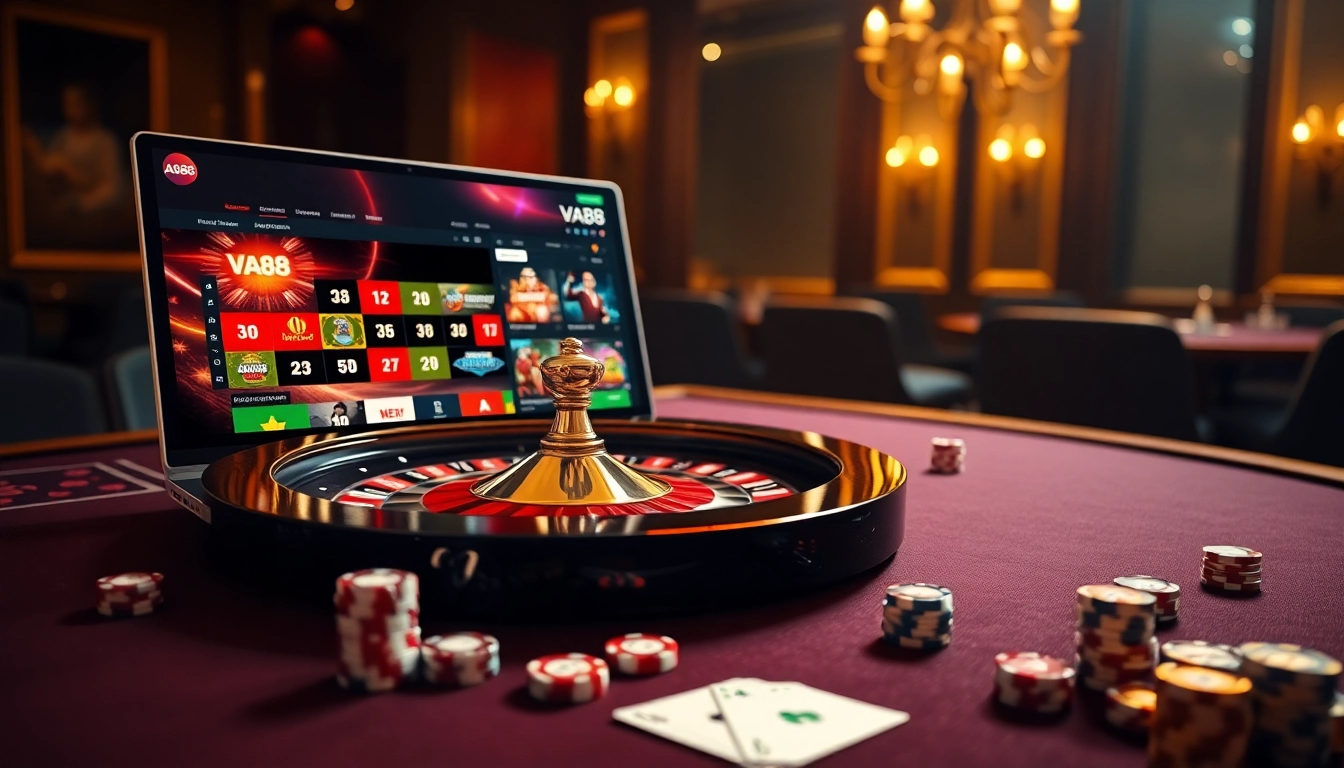 Experience the thrill of gambling with VA88's online casino, featuring a luxurious roulette table and vibrant game graphics.