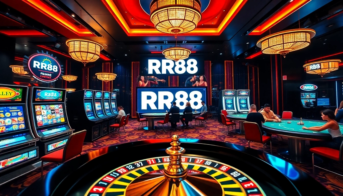 Experience thrilling gaming at RR88 with vibrant casino tables and exciting slot machines.