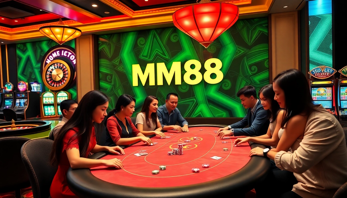 Exciting MM88 casino scene showcasing diverse players at poker tables with vibrant colors.