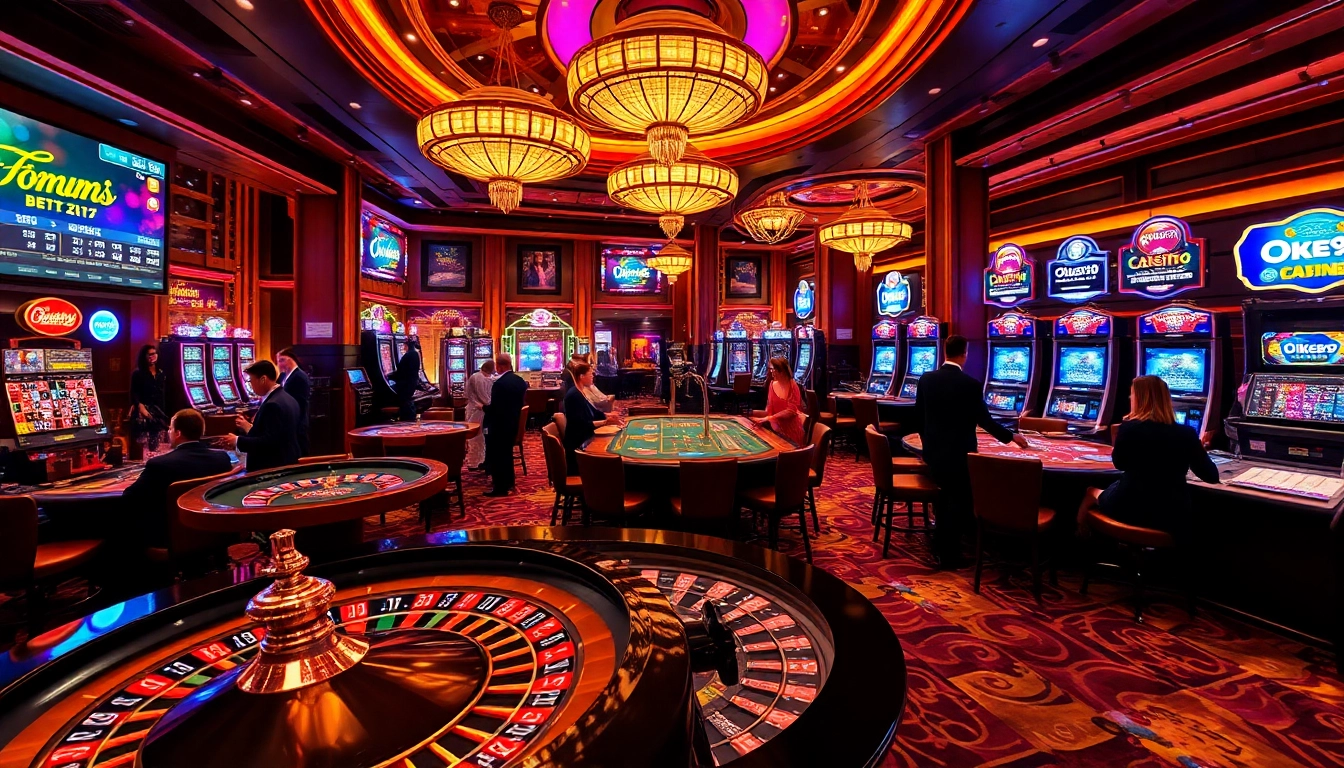 Experience thrilling gameplay at Oke99 casino with engaging scenes of poker, roulette, and slot machines.