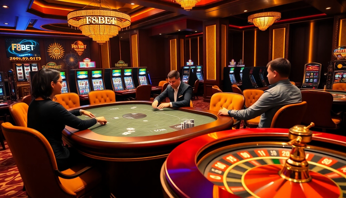 Exciting F8Bet casino scene showcasing poker gameplay with professional dealers.