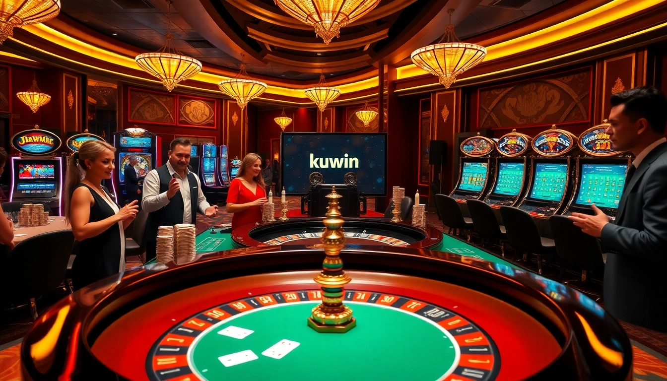 Kuwin players enjoying a vibrant casino atmosphere with roulette and poker games.