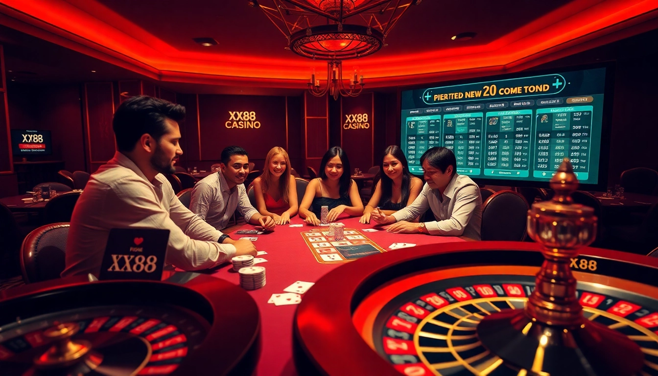 Players experiencing the excitement of XX88 at a luxury casino table with poker chips and cards.