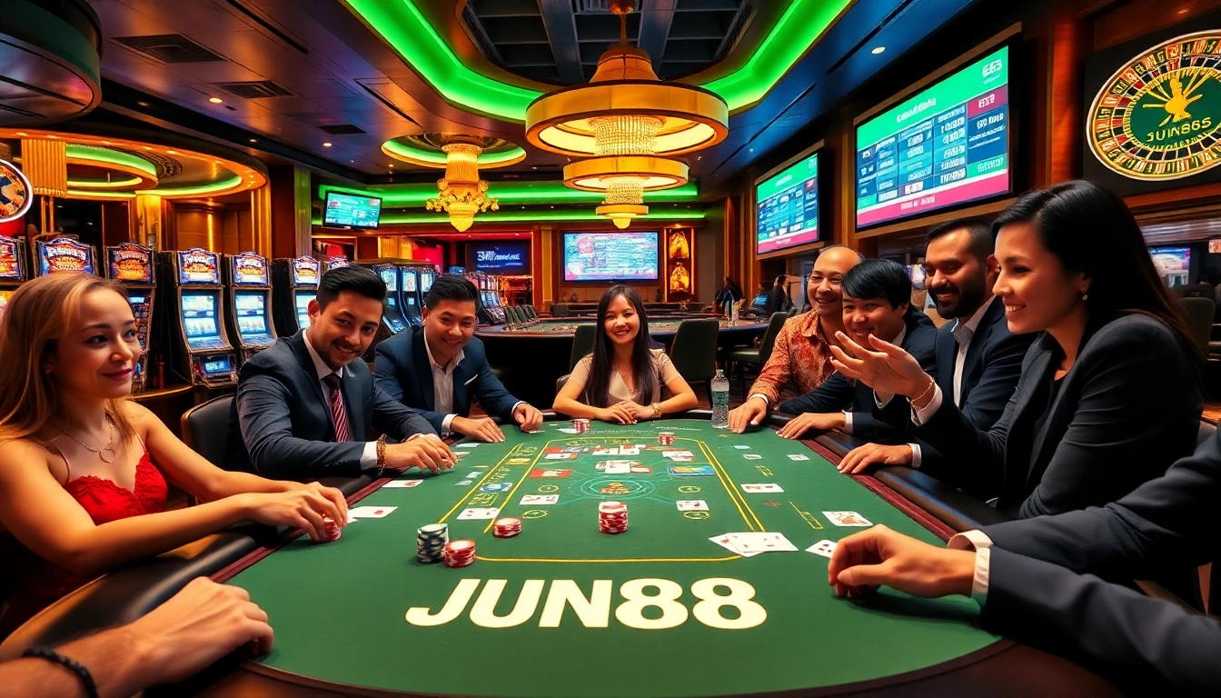 Experience excitement at the Jun888 casino table with vibrant poker chips and cards.