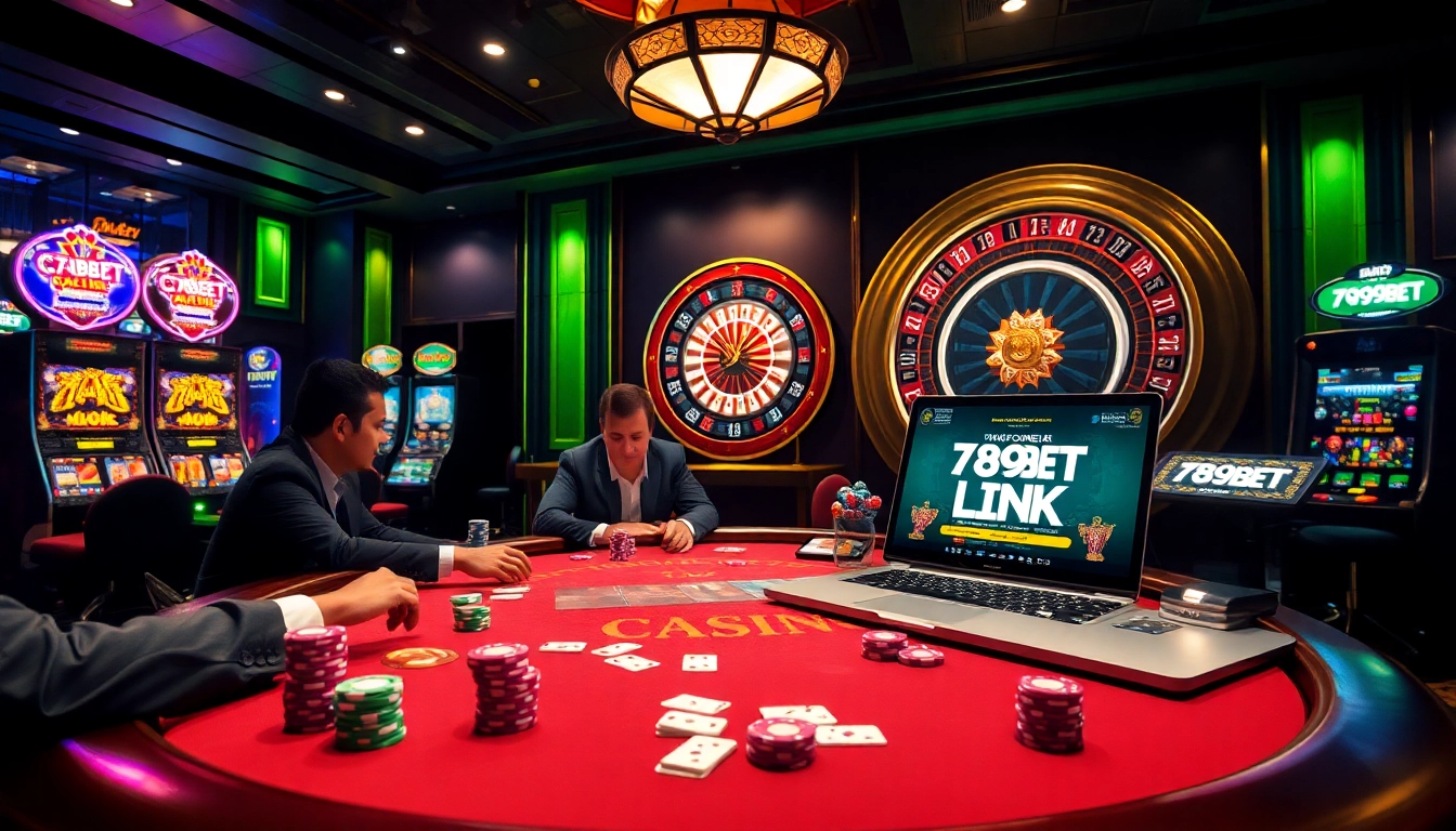 Engaging scene with players at a poker table showcasing the excitement of gambling, featuring '789BET LINK'.