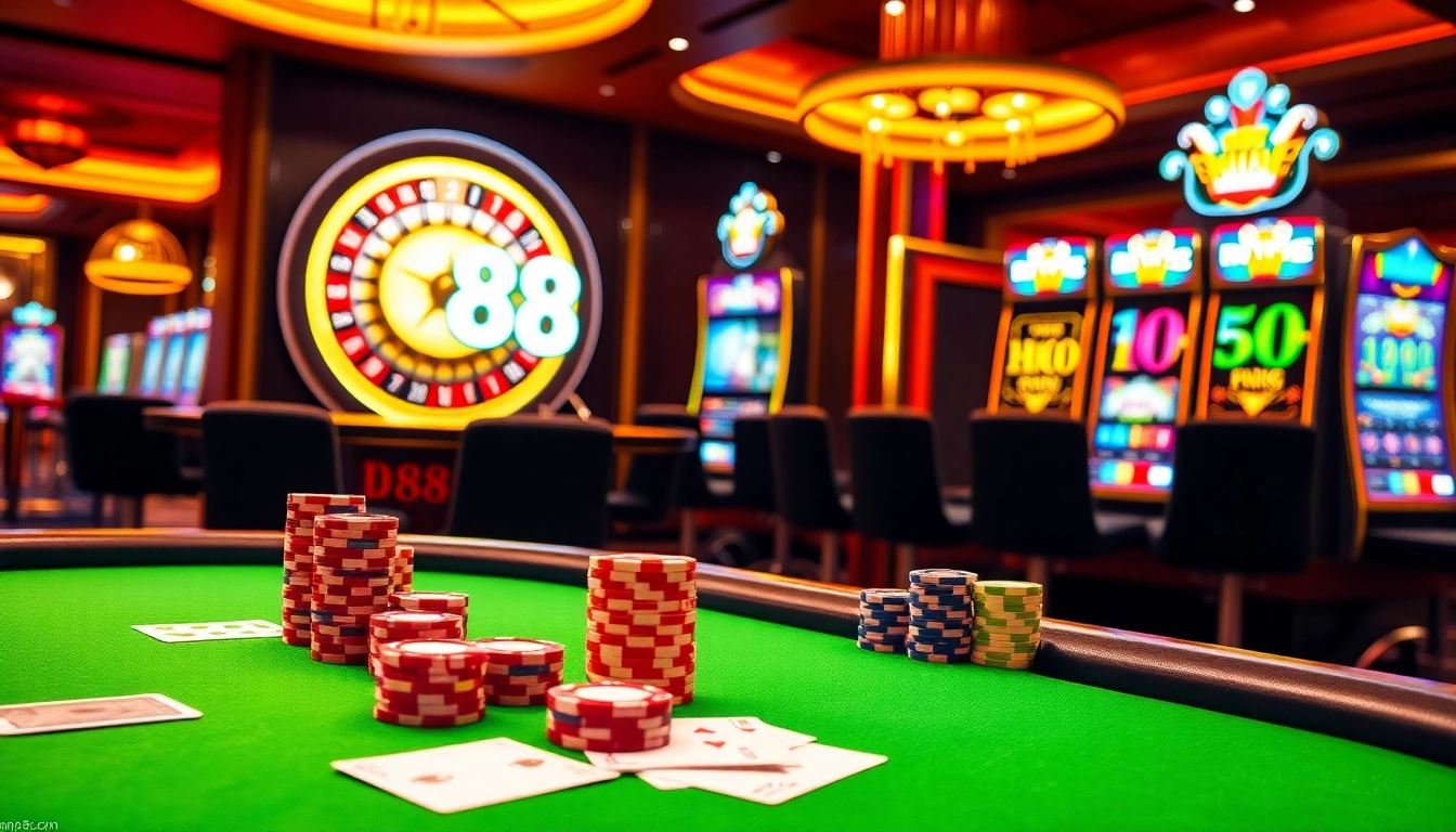 Experience high-stakes gambling at DR88 with vibrant casino visuals showcasing poker and slots.