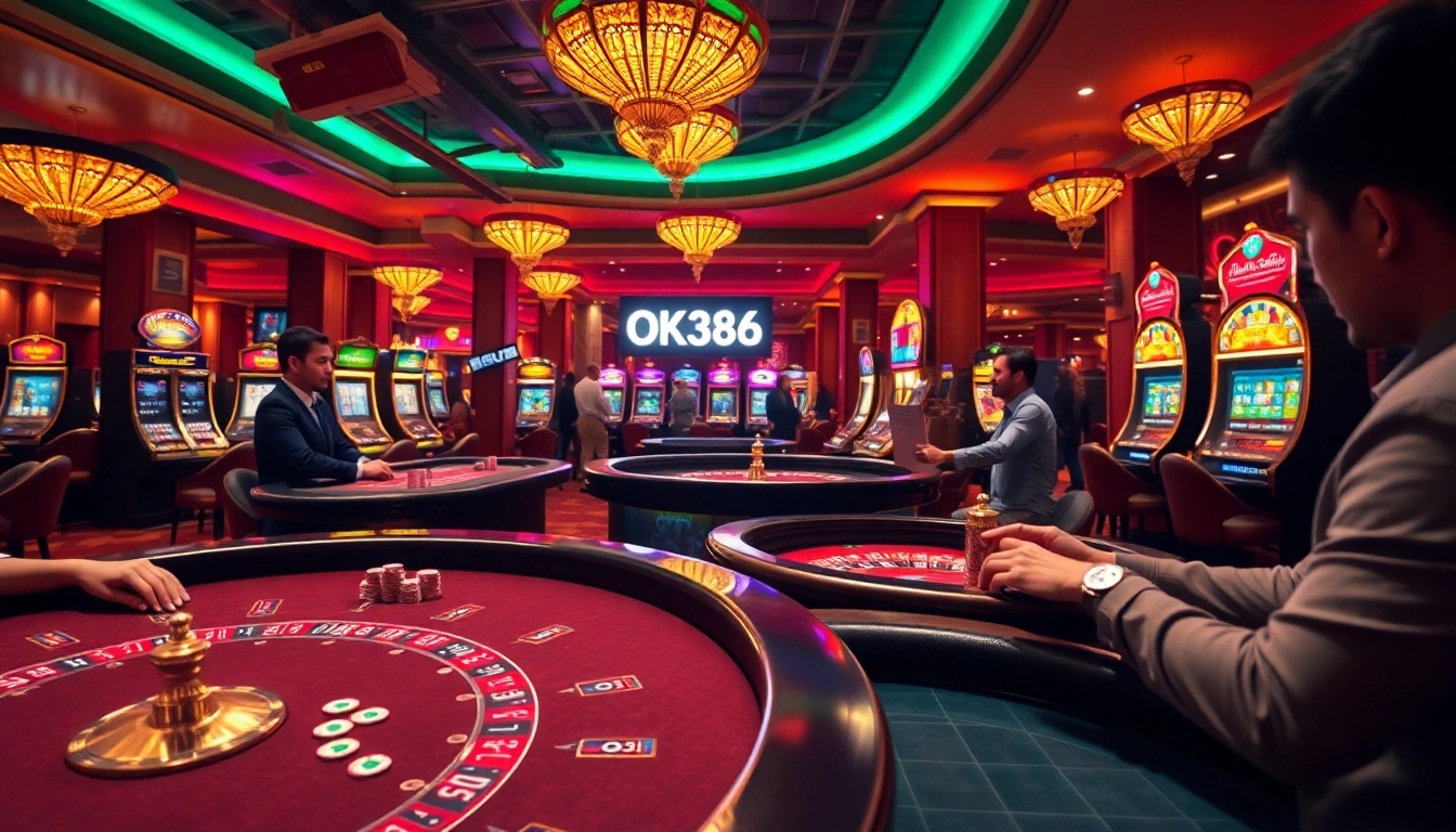 Experience the thrill of online gambling at OK8386 with luxurious casino gaming tables and vibrant poker chips.