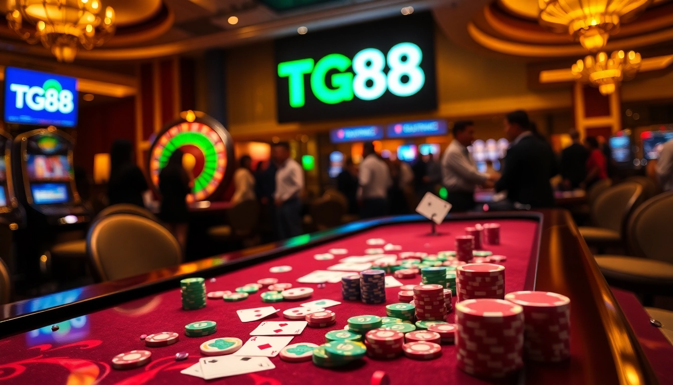 Exciting casino ambiance with poker chips and the TG88 logo representing vibrant gambling action.