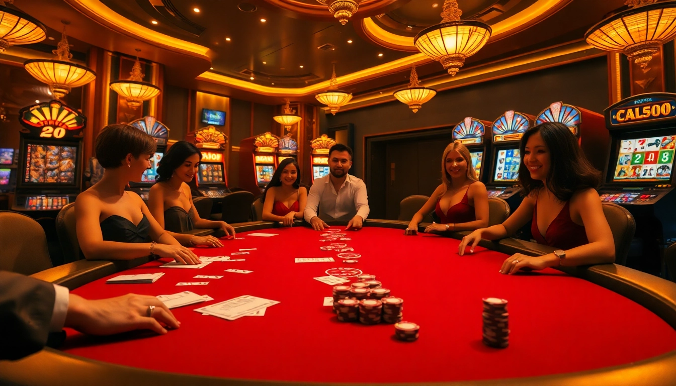 Exciting gambling scene at https://vua99.lat/ with luxury casino tables and vibrant slot machines.