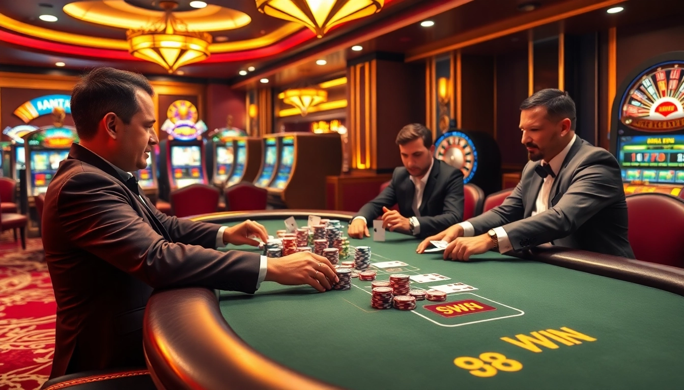 Engaged players at a 98WIN poker table, showcasing chips and cards in an exciting casino scene.