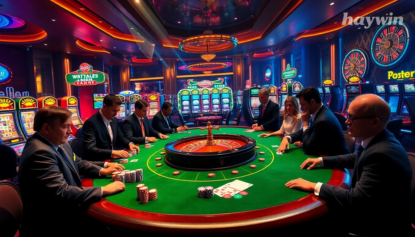Action-packed gambling scene showcasing poker and slot games at hay.win casino.