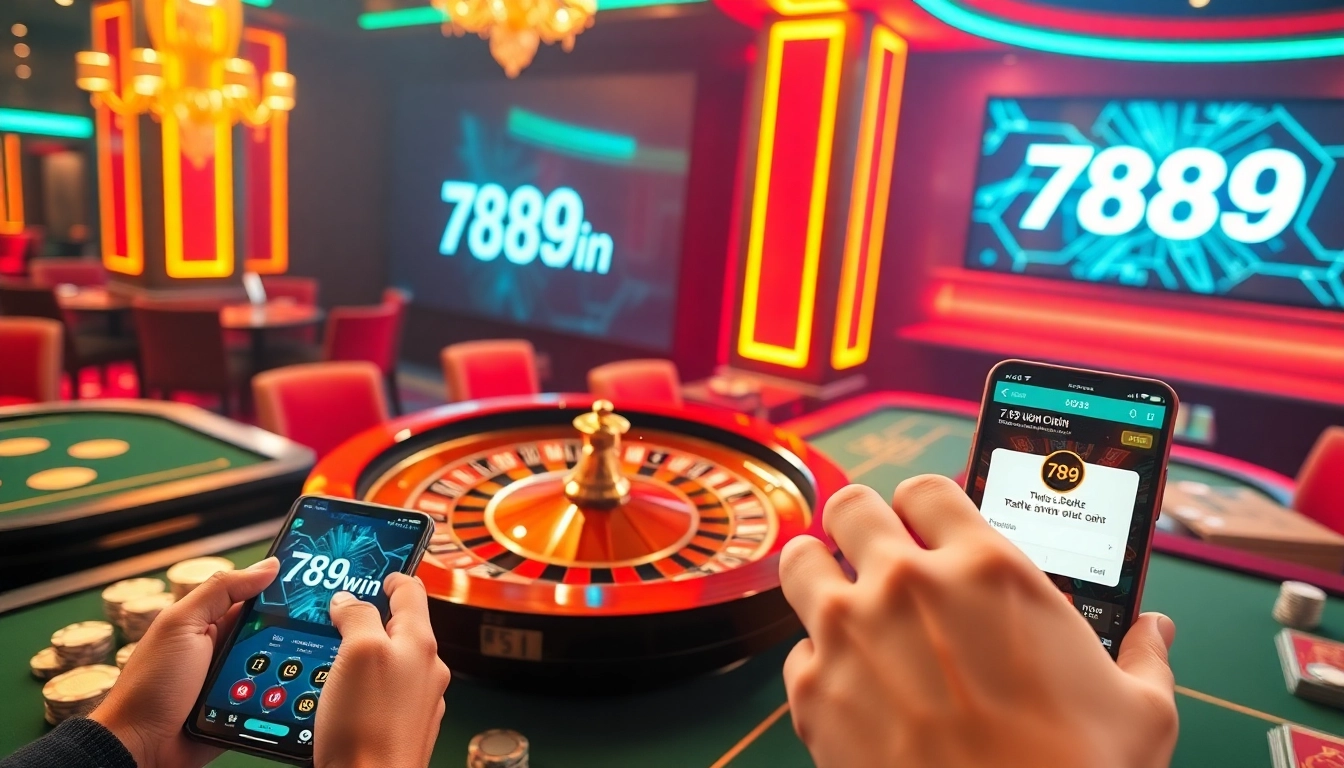 Experience the thrill of 789win with luxurious casino gaming, featuring poker tables and a roulette wheel.