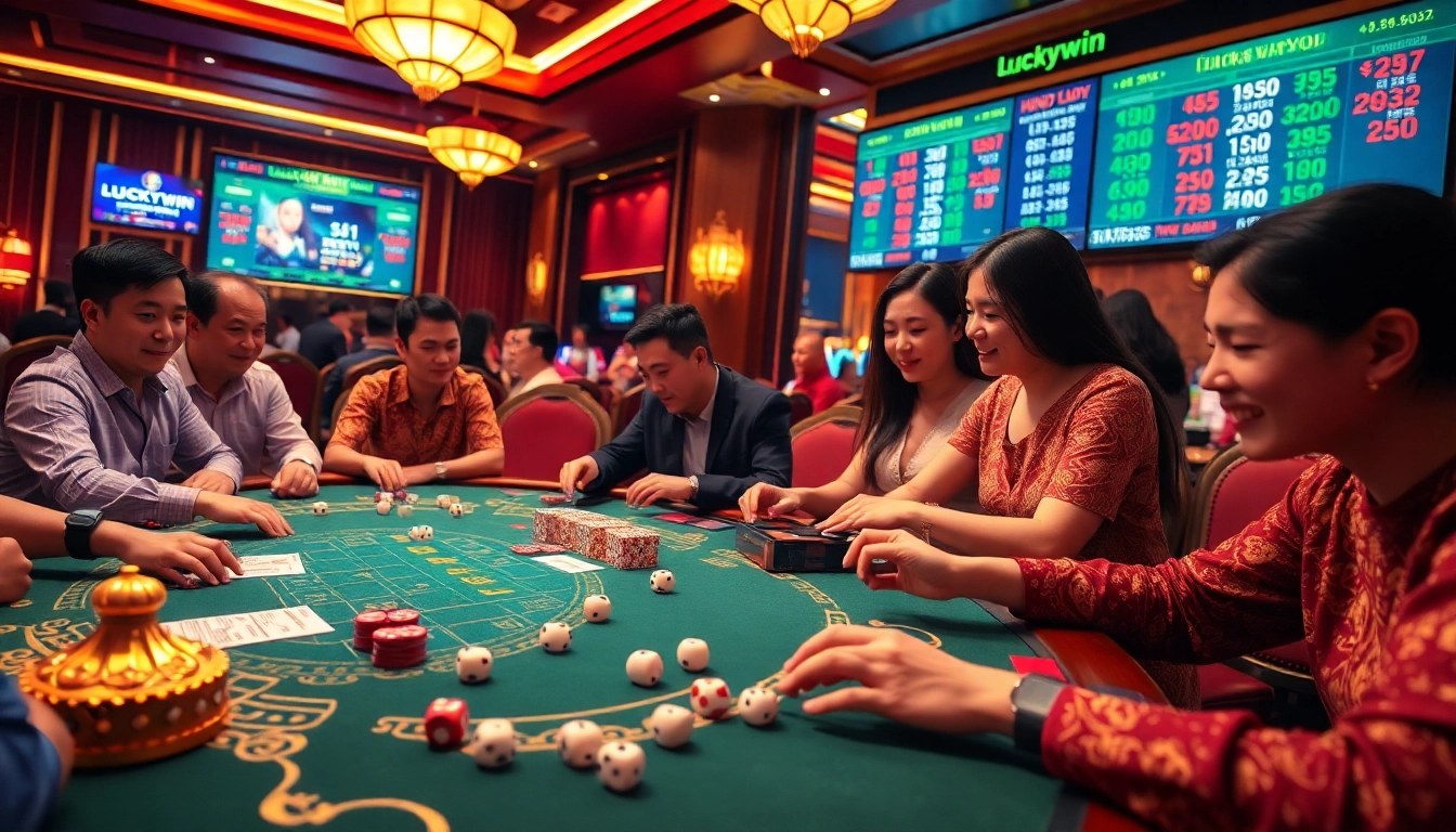 Exciting Luckywin tài xỉu game action with colorful dice and betting slips at an elegant casino table.