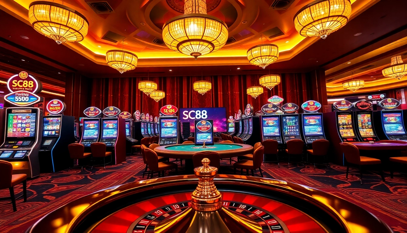Experience the excitement of SC88 with vibrant casino tables and online gambling interfaces featuring poker chips and cards.