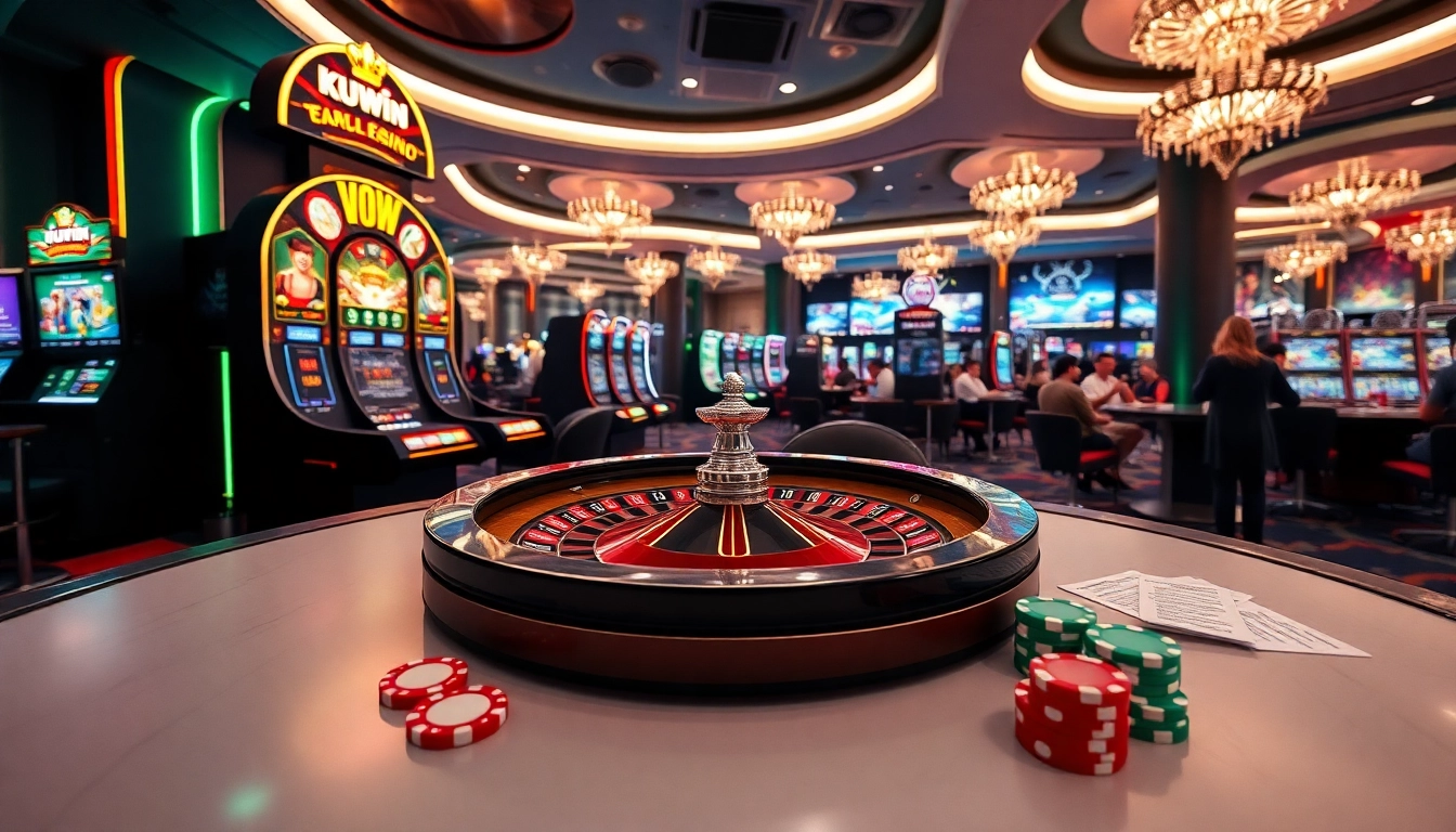 Kuwin online casino interface with interactive slot machines and a roulette wheel.