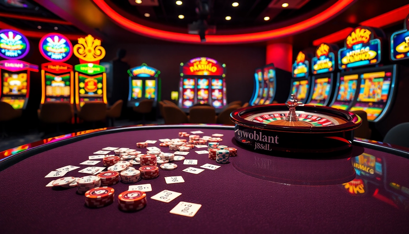 Experience the thrill of j88dl with vibrant poker chips and a dazzling roulette wheel in a luxurious casino setting.