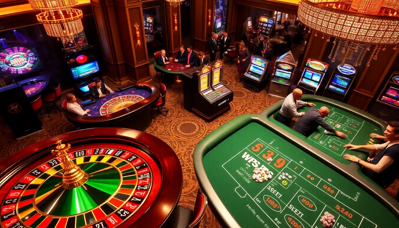 Win55 players enjoy an exciting casino experience at vibrant tables and slot machines.