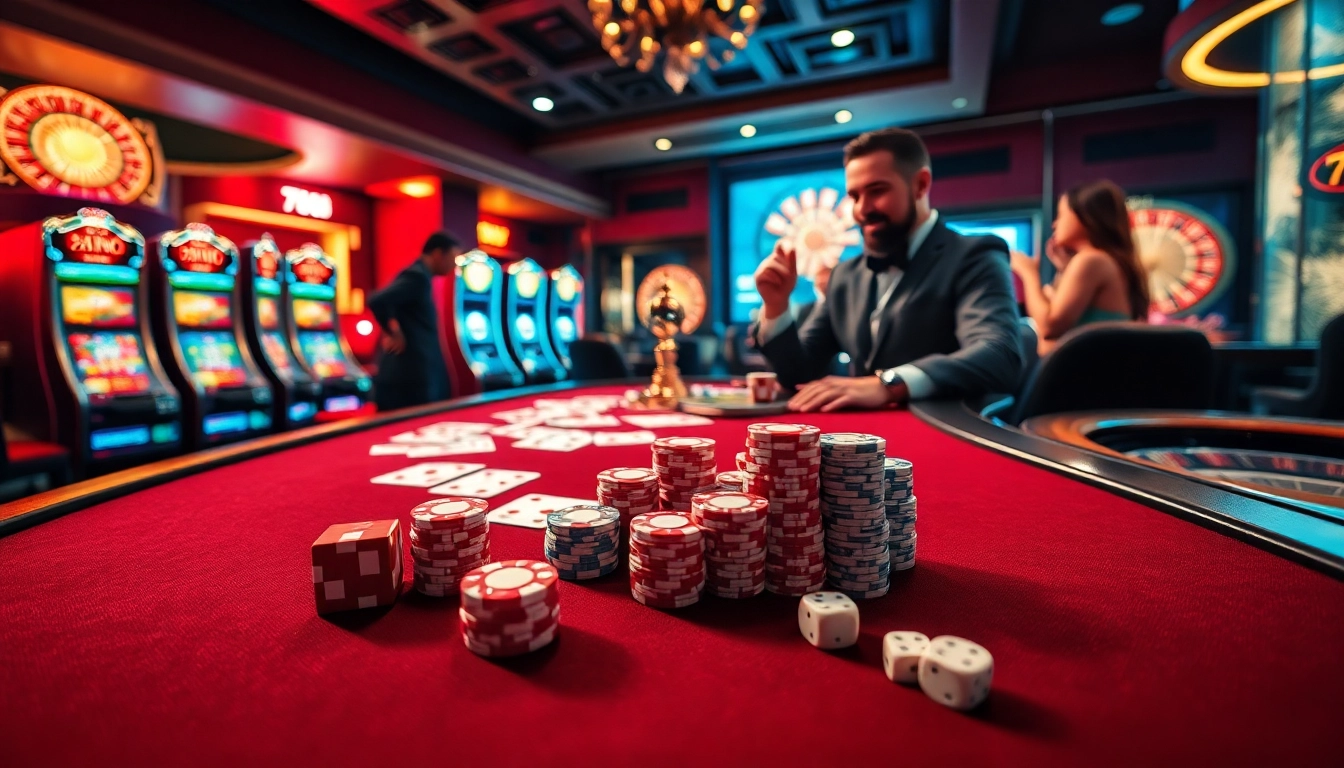 Experience the thrill of 789club with a vibrant casino scene featuring tables and roulette wheels.