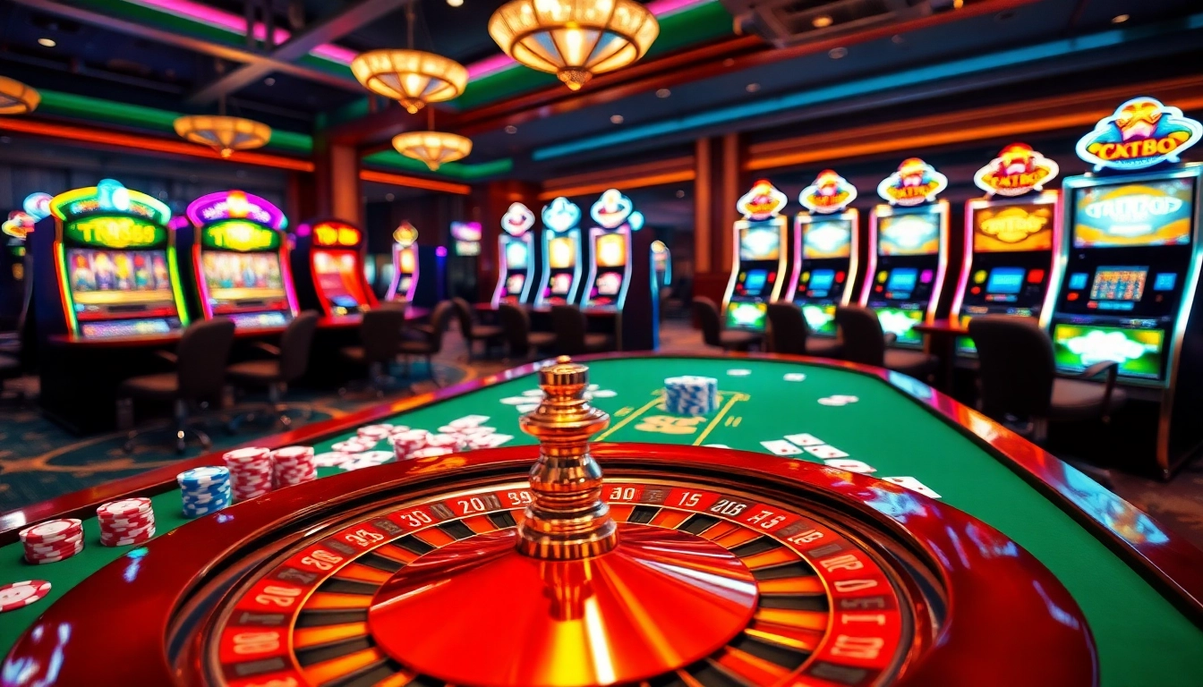 Experience the thrill of TR88 gambling at a luxurious casino with vibrant roulette wheels and colorful slot machines.