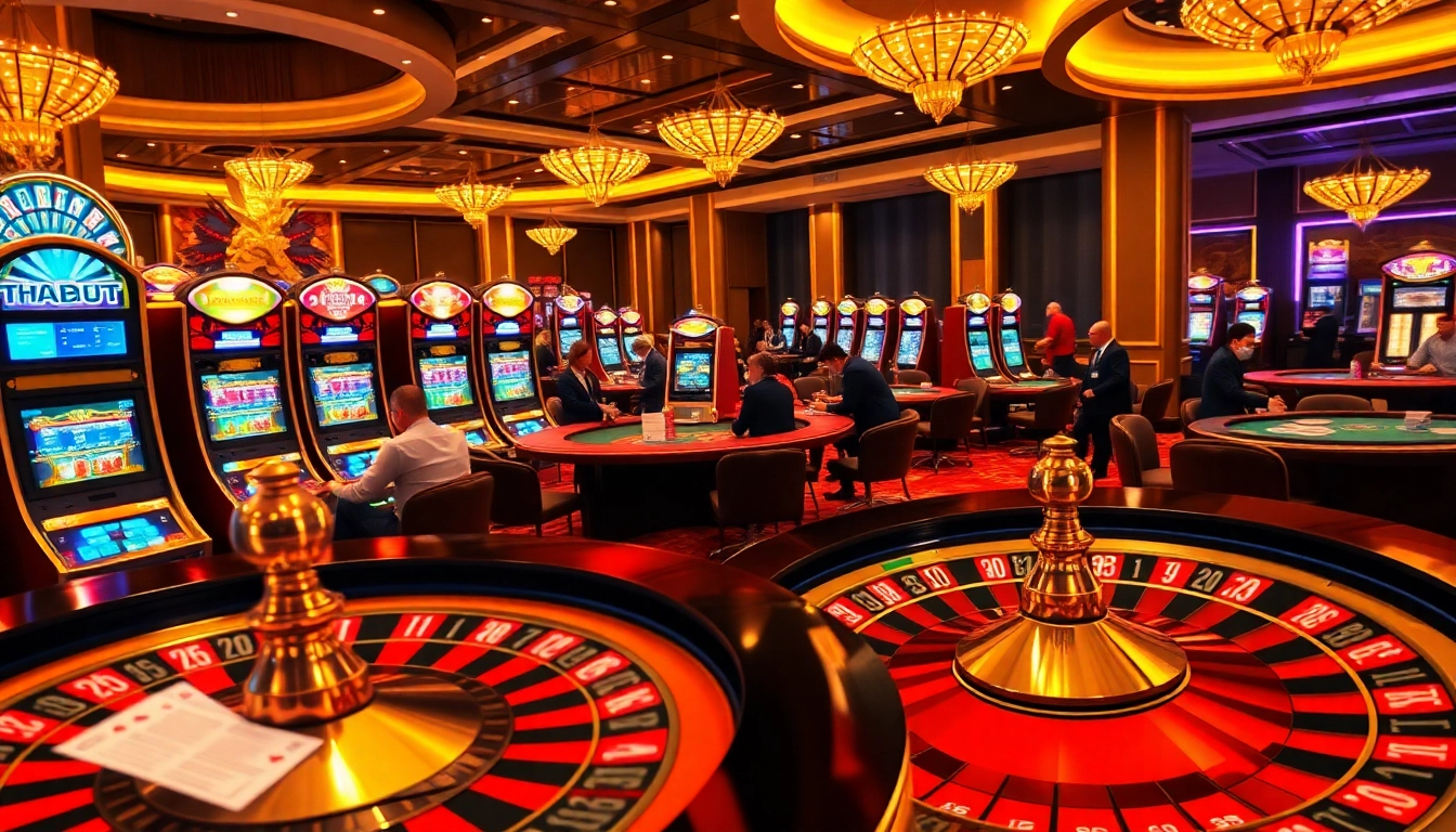 Players enjoying poker and slots at THABET’s luxurious online casino, showcasing vibrant gaming action.