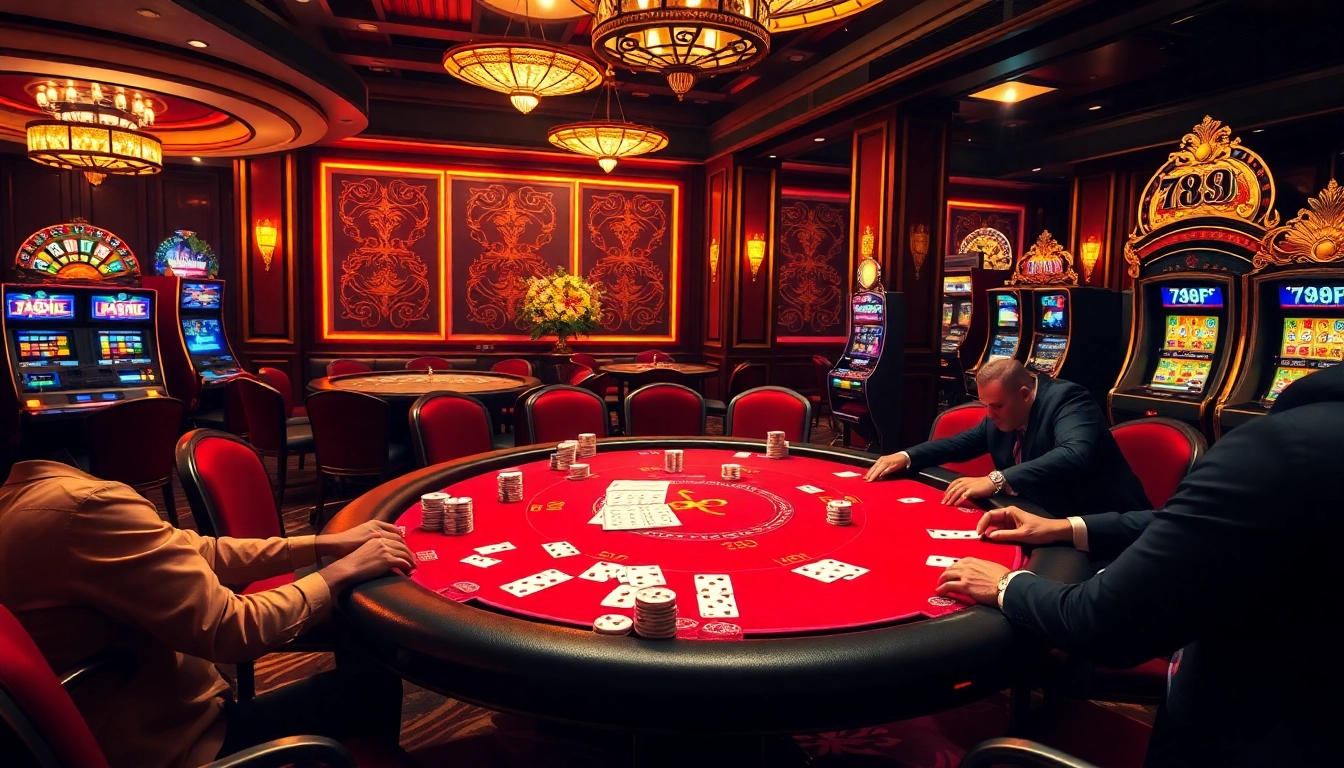 Engage in thrilling poker gameplay at 789F's luxurious casino table filled with vibrant chips and cards.