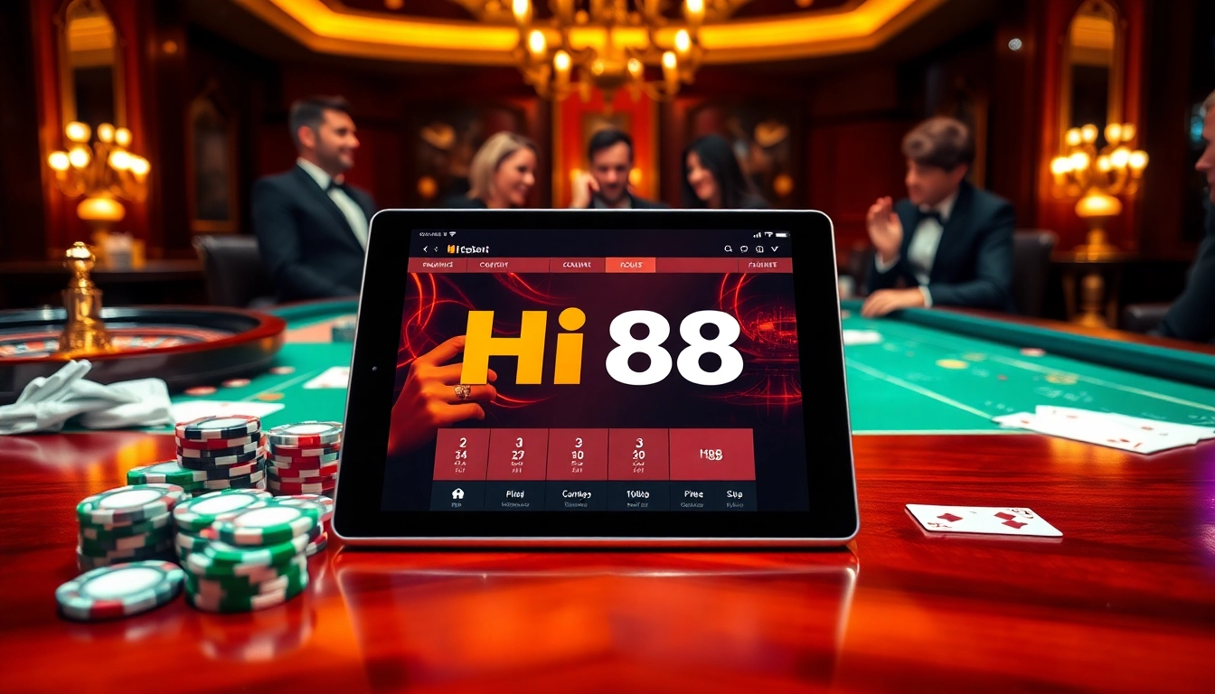 Hi88 players enjoying an exhilarating online casino experience with poker and chips.