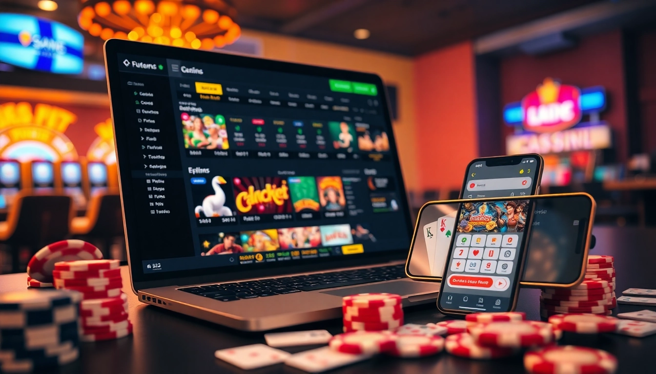 Explore the excitement of online gambling at https://new88pm.com/ with dynamic visuals of gaming interfaces and vibrant casino elements.
