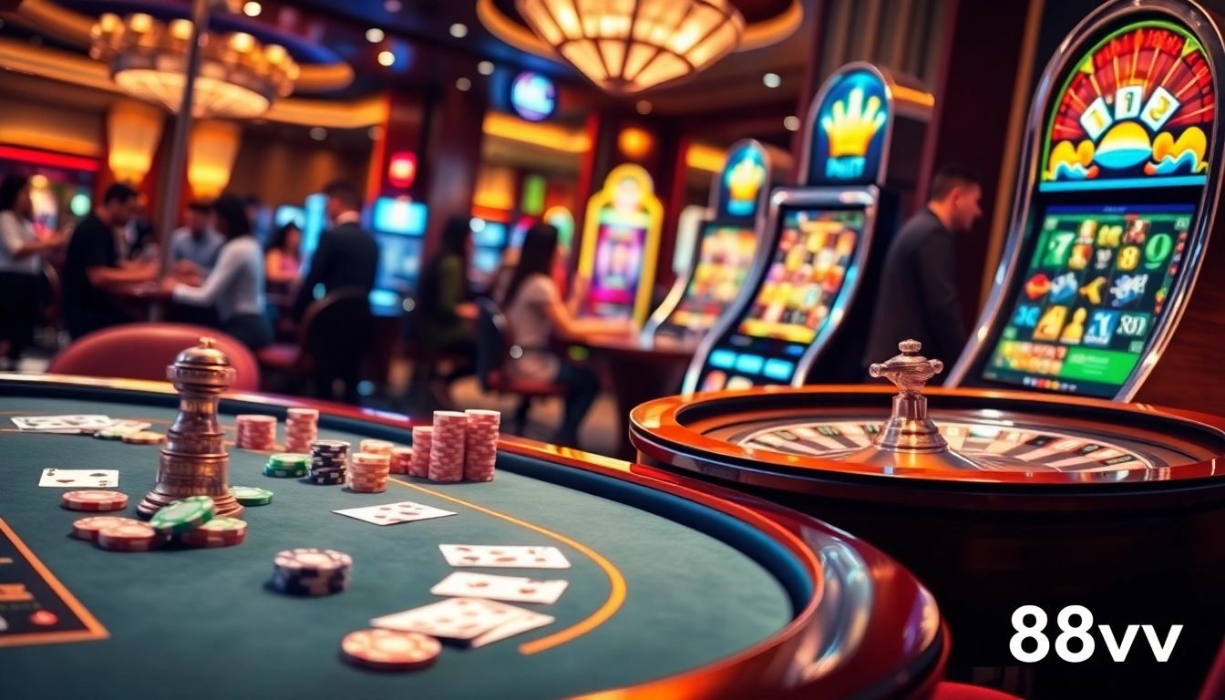 Experience the excitement of gambling at 88vv with a luxurious casino scene featuring vibrant gaming elements.