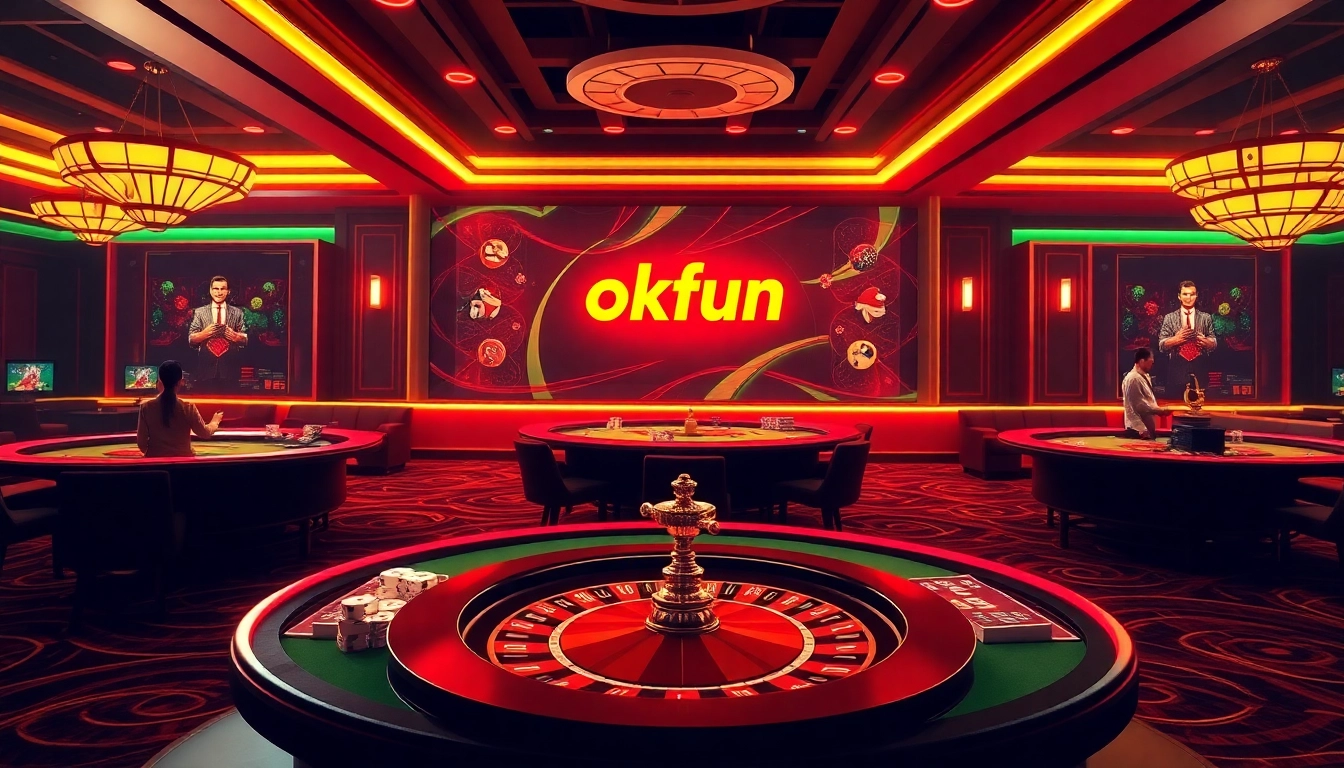 Experience high-stakes excitement at trang chủ okfun with vibrant casino tables and engaging online gambling visuals.