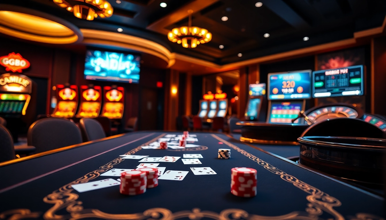 Experience the excitement of professional gambling at https://gg88.co.com/ with an elegant casino scene filled with vibrant tables and games.