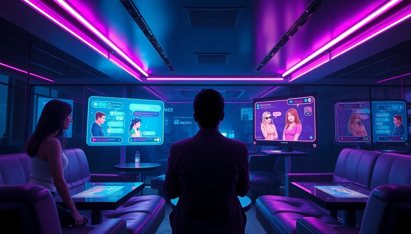 Immersive NSFW AI chatbot interaction in a modern lounge with vibrant digital screens.