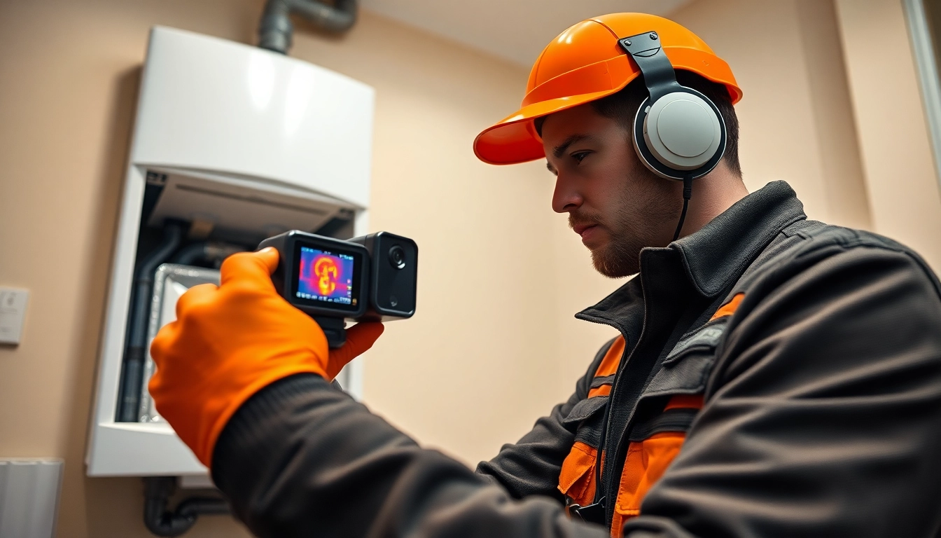 Central heating leak detection professional using thermal camera to inspect a boiler.