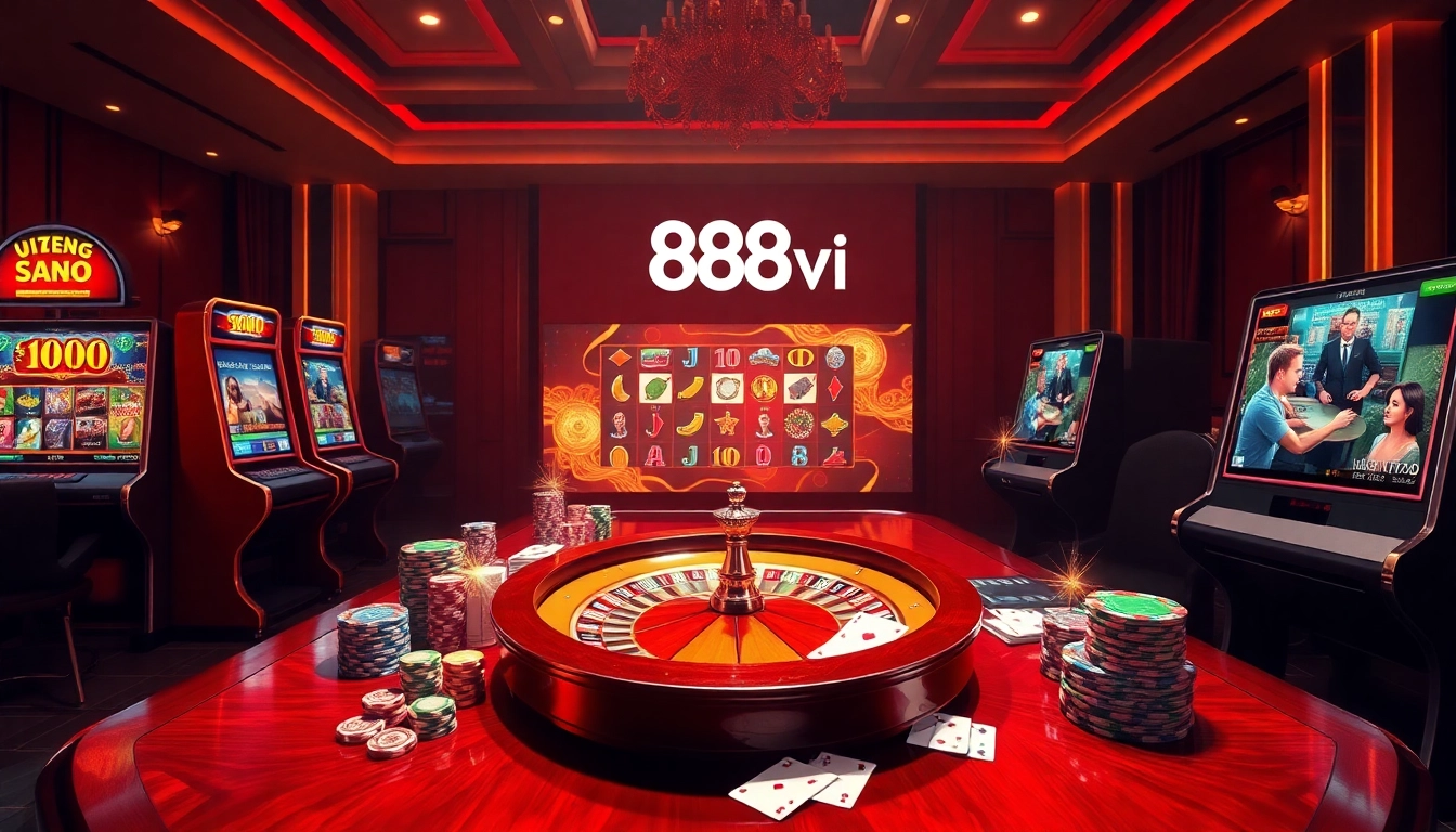 Engaging online casino scene featuring 888vi with vibrant slot machines, roulette, and poker action.