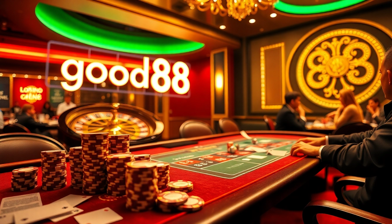 Engage in exciting gameplay at good88's luxurious poker table with vibrant casino elements.